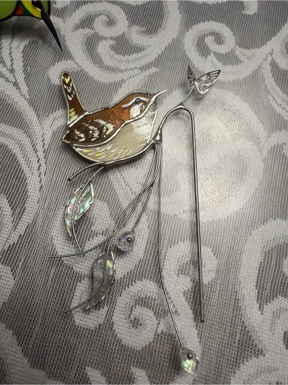 Stained Glass Hanging Bird Ornament - Amber & Cream Robin